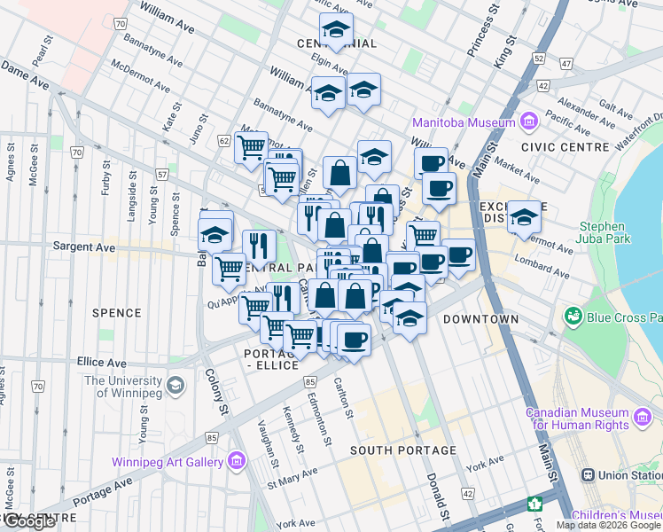 map of restaurants, bars, coffee shops, grocery stores, and more near 379 Hargrave Street in Winnipeg