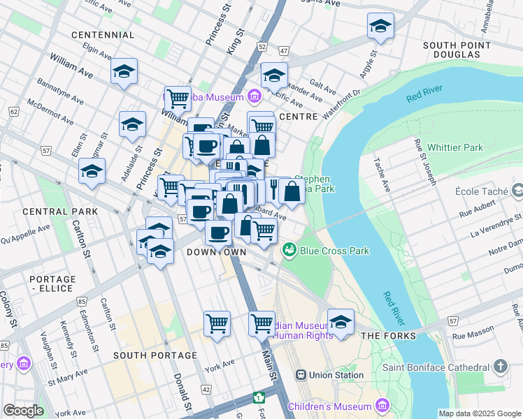 map of restaurants, bars, coffee shops, grocery stores, and more near Lombard Avenue in Winnipeg