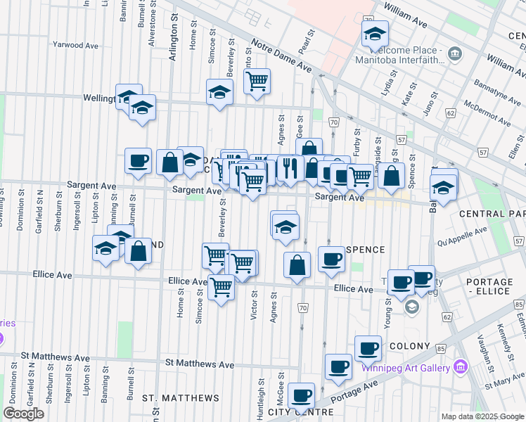 map of restaurants, bars, coffee shops, grocery stores, and more near 579 Victor Street in Winnipeg