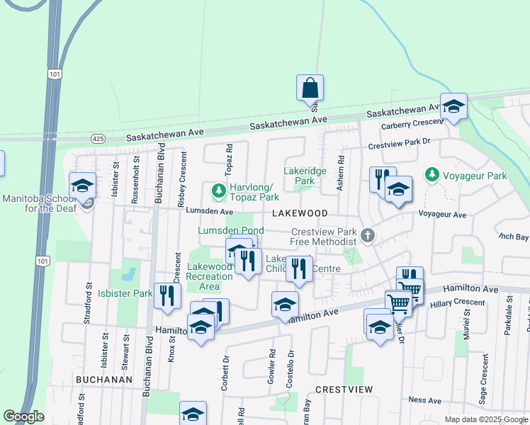 map of restaurants, bars, coffee shops, grocery stores, and more near 100 Lumsden Avenue in Winnipeg