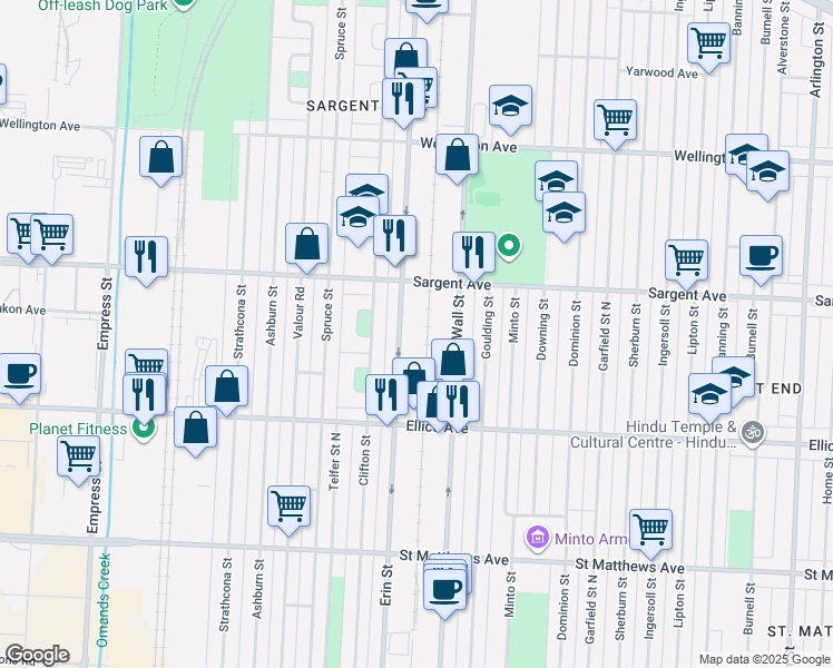 map of restaurants, bars, coffee shops, grocery stores, and more near 1055 Erin Street in Winnipeg