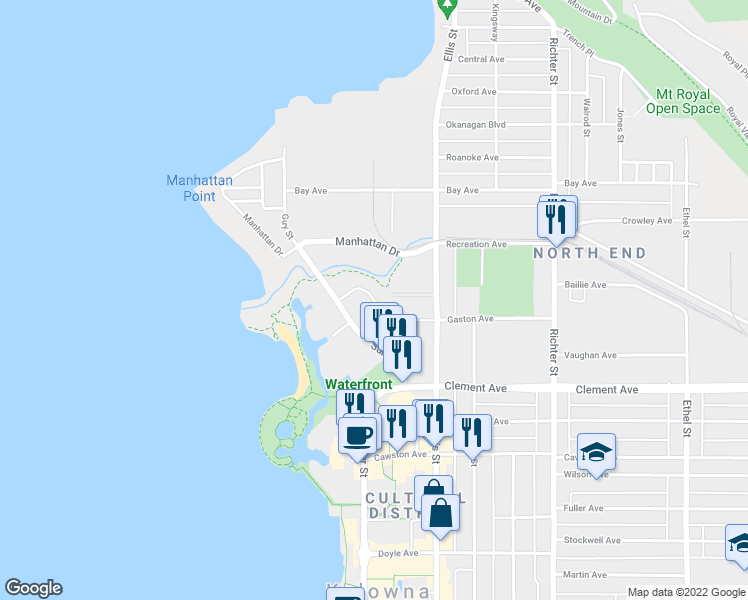 map of restaurants, bars, coffee shops, grocery stores, and more near in Kelowna