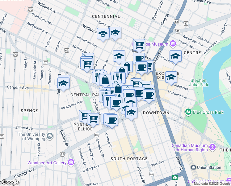 map of restaurants, bars, coffee shops, grocery stores, and more near 374 Donald Street in Winnipeg