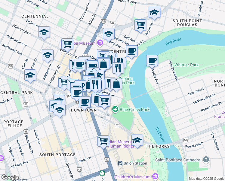 map of restaurants, bars, coffee shops, grocery stores, and more near in Winnipeg