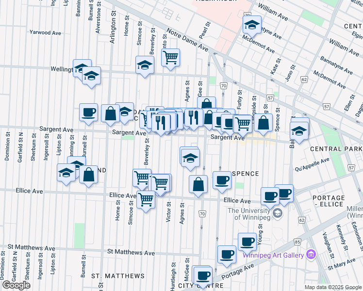 map of restaurants, bars, coffee shops, grocery stores, and more near 579 Victor Street in Winnipeg