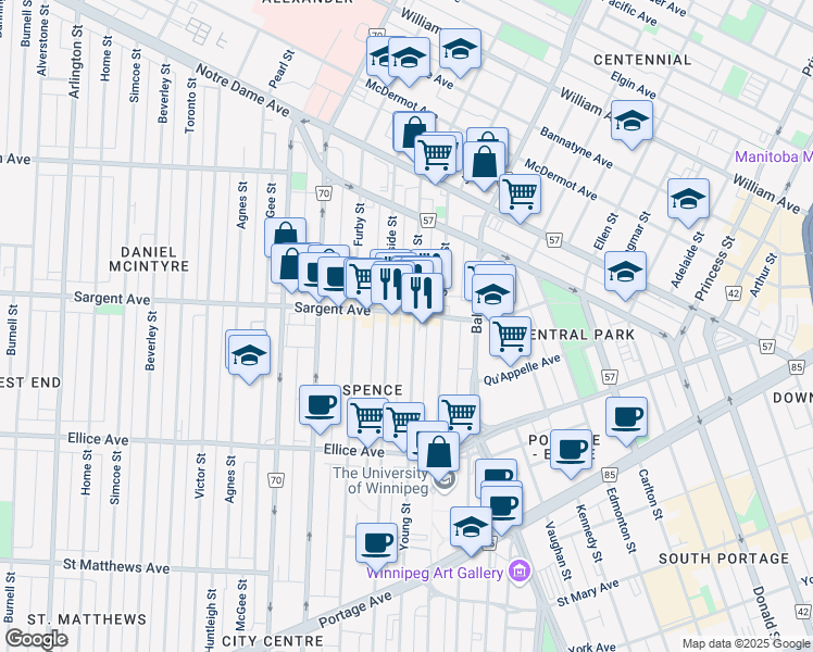 map of restaurants, bars, coffee shops, grocery stores, and more near 536 Young Street in Winnipeg