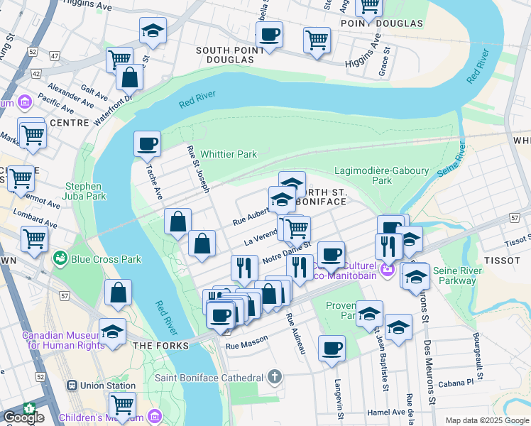 map of restaurants, bars, coffee shops, grocery stores, and more near 230 Rue Aubert in Winnipeg