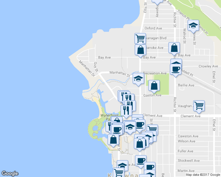 map of restaurants, bars, coffee shops, grocery stores, and more near 414-1089 Sunset Drive in Kelowna