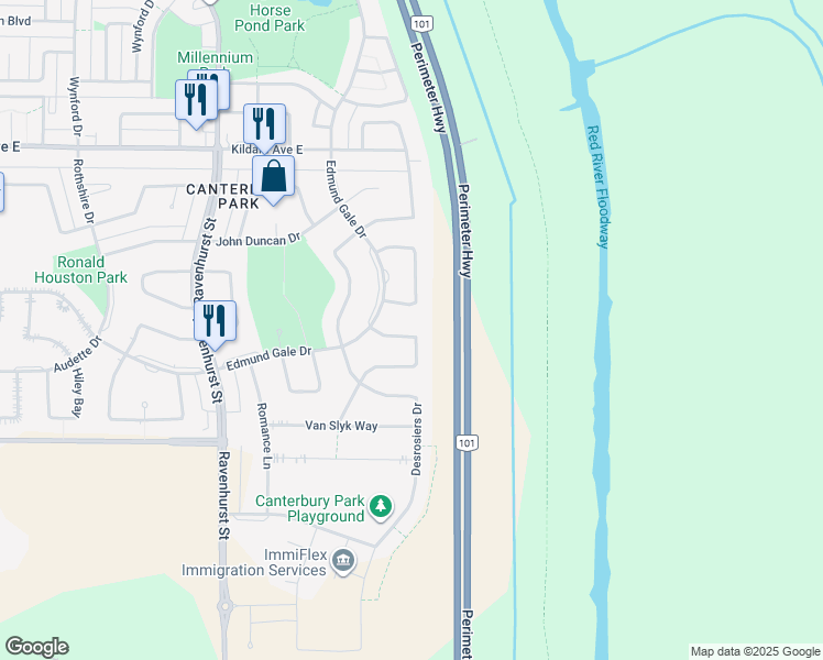 map of restaurants, bars, coffee shops, grocery stores, and more near 43 Remi Claeys Crescent in Winnipeg