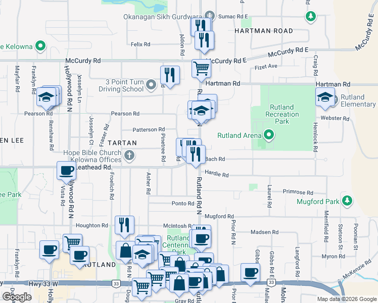 map of restaurants, bars, coffee shops, grocery stores, and more near 700 Rutland Road North in Kelowna