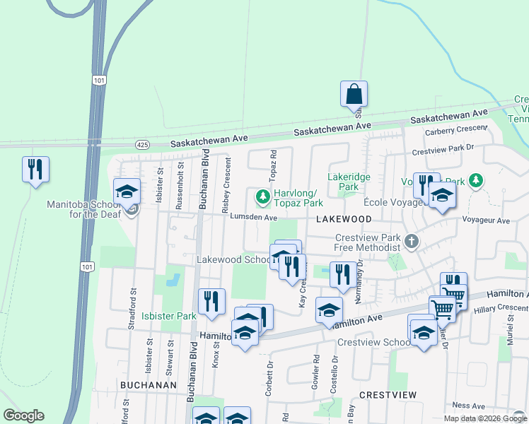 map of restaurants, bars, coffee shops, grocery stores, and more near 165 Lumsden Avenue in Winnipeg