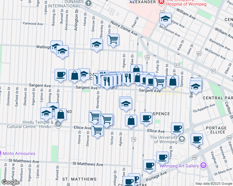 map of restaurants, bars, coffee shops, grocery stores, and more near 593 Victor Street in Winnipeg