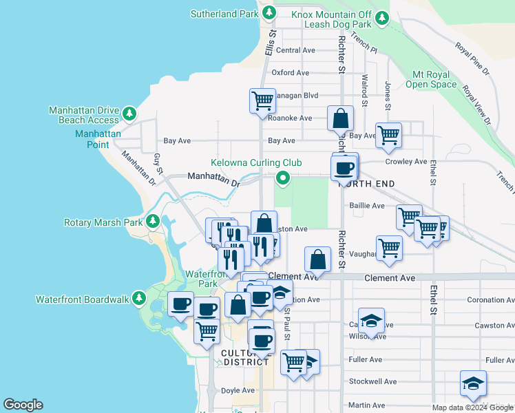 map of restaurants, bars, coffee shops, grocery stores, and more near in Kelowna