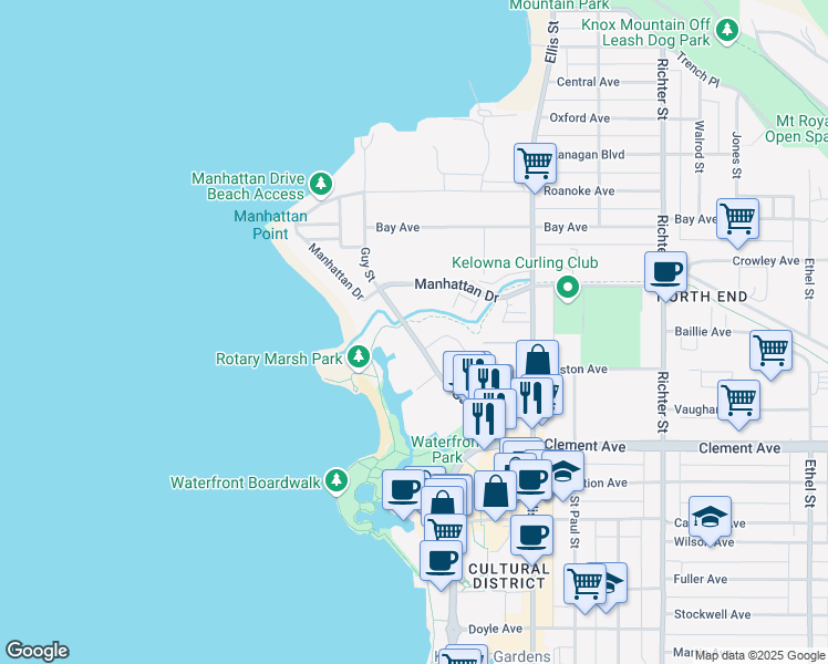 map of restaurants, bars, coffee shops, grocery stores, and more near 414-1089 Sunset Drive in Kelowna