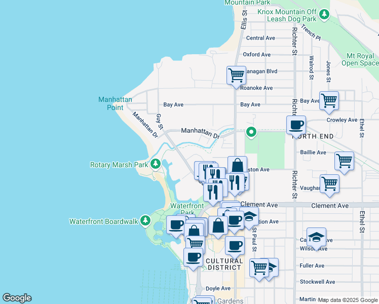 map of restaurants, bars, coffee shops, grocery stores, and more near 1075 Sunset Drive in Kelowna