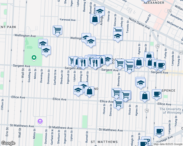 map of restaurants, bars, coffee shops, grocery stores, and more near 731 Alverstone Street in Winnipeg