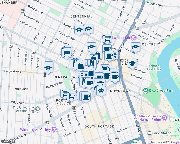 map of restaurants, bars, coffee shops, grocery stores, and more near 374 Donald Street in Winnipeg
