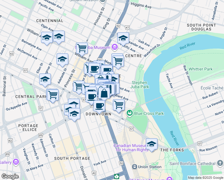 map of restaurants, bars, coffee shops, grocery stores, and more near 136 Lombard Avenue in Winnipeg