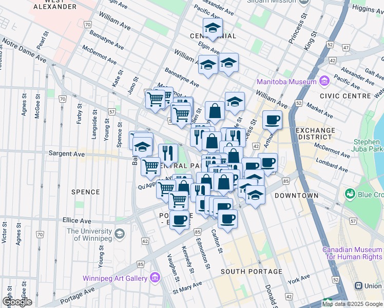 map of restaurants, bars, coffee shops, grocery stores, and more near 385 Carlton Street in Winnipeg