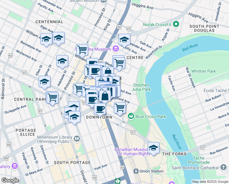 map of restaurants, bars, coffee shops, grocery stores, and more near 167 Lombard Avenue in Winnipeg