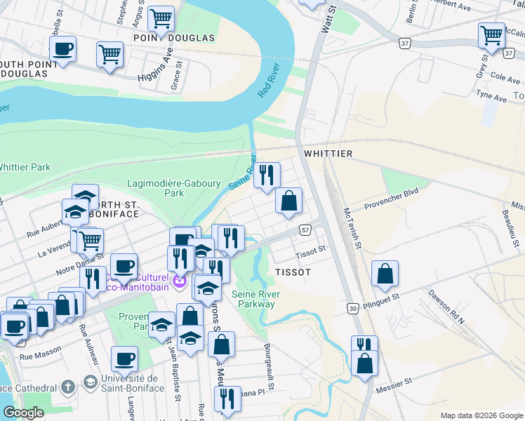 map of restaurants, bars, coffee shops, grocery stores, and more near 455 Dumoulin Street in Winnipeg