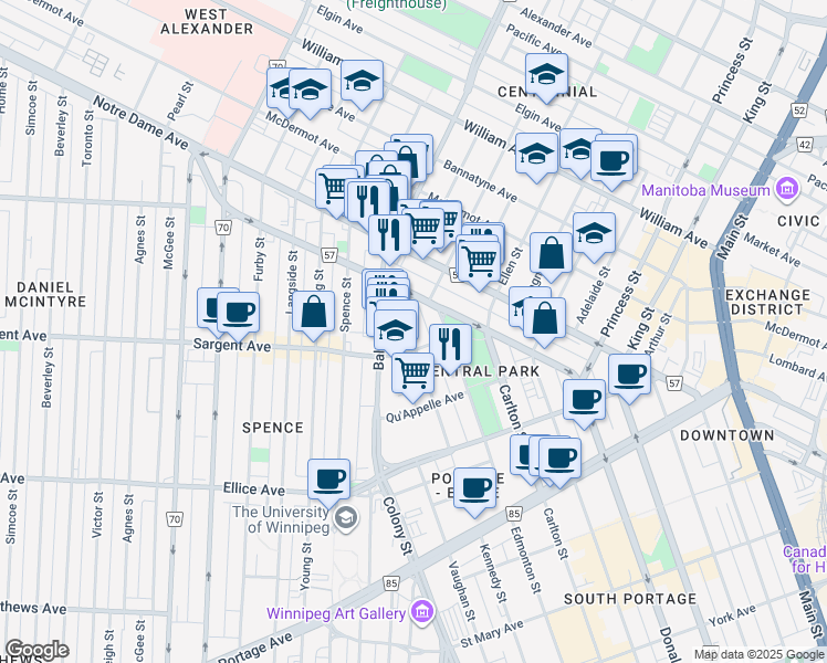 map of restaurants, bars, coffee shops, grocery stores, and more near 445 Kennedy Street in Winnipeg