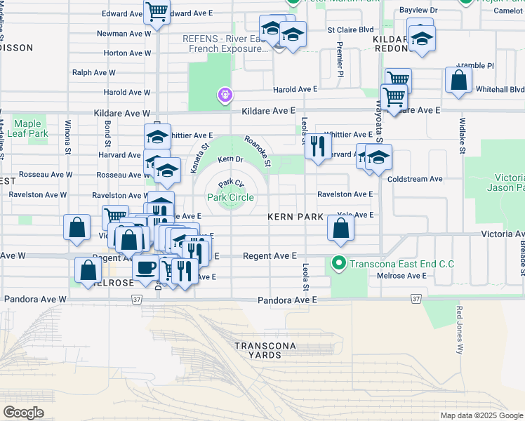 map of restaurants, bars, coffee shops, grocery stores, and more near 326 Ravelston Avenue East in Winnipeg