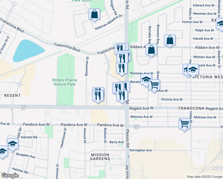 map of restaurants, bars, coffee shops, grocery stores, and more near 840 Ravelston Avenue West in Winnipeg