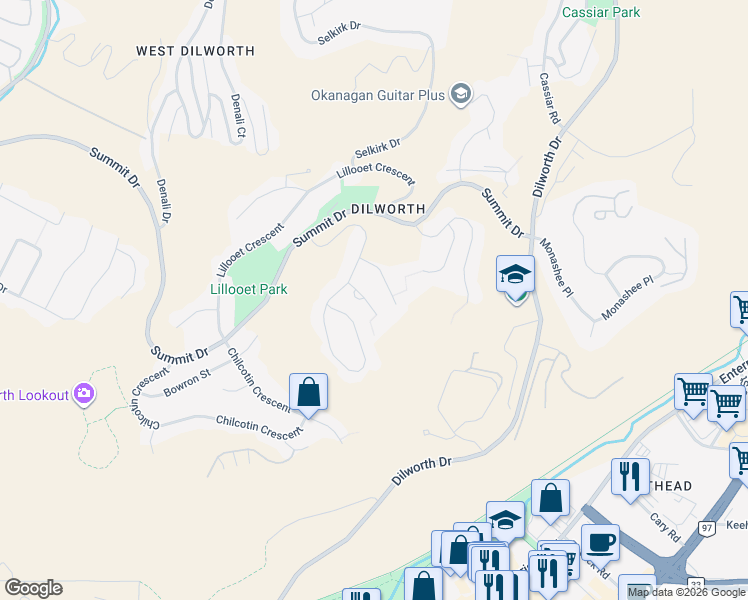 map of restaurants, bars, coffee shops, grocery stores, and more near 943 Stikine Court in Kelowna