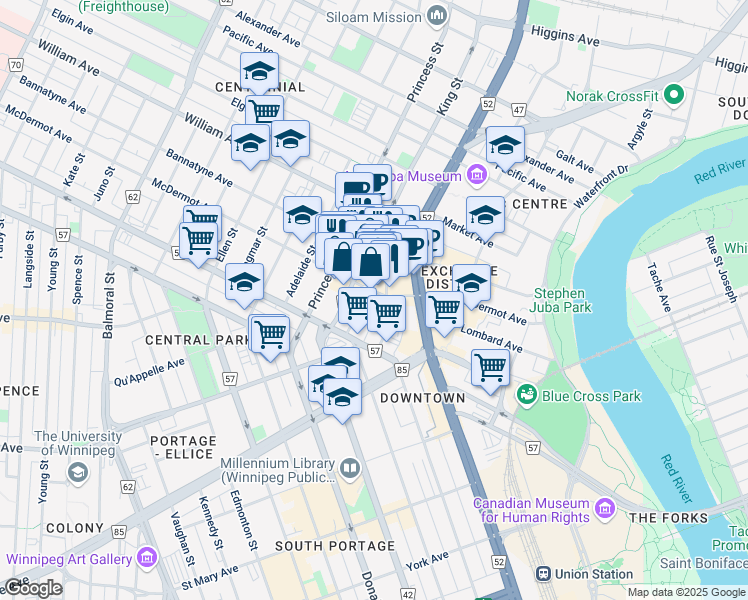 map of restaurants, bars, coffee shops, grocery stores, and more near 300-245 McDermot Avenue in Winnipeg