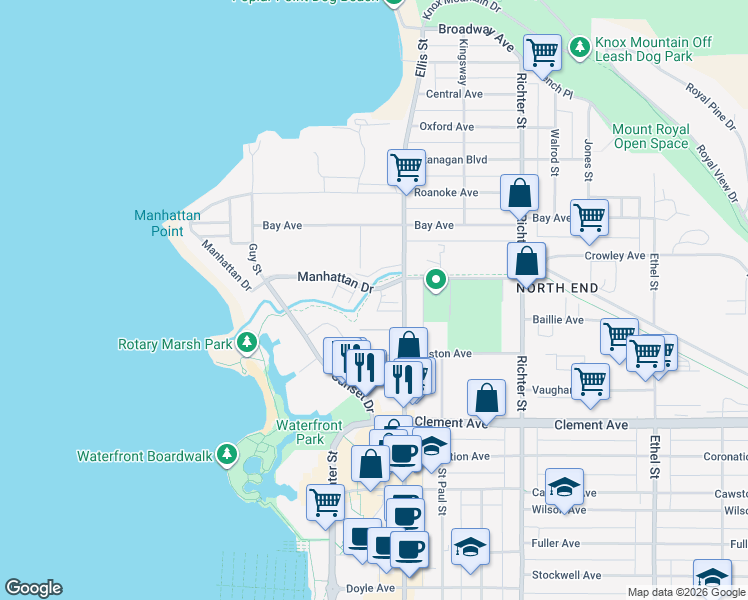 map of restaurants, bars, coffee shops, grocery stores, and more near 2641 Manhattan Drive in Kelowna