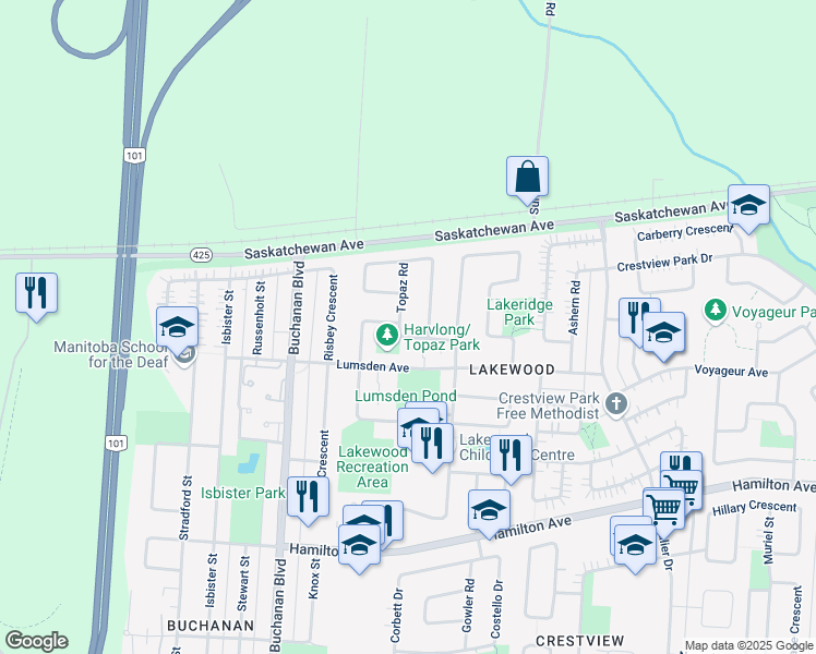 map of restaurants, bars, coffee shops, grocery stores, and more near 9 Topaz Road in Winnipeg