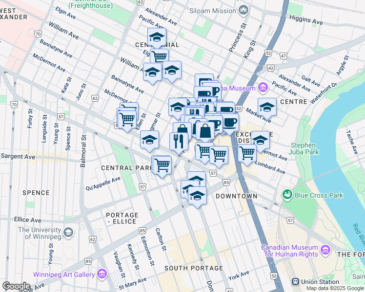 map of restaurants, bars, coffee shops, grocery stores, and more near 54 Princess Street in Winnipeg