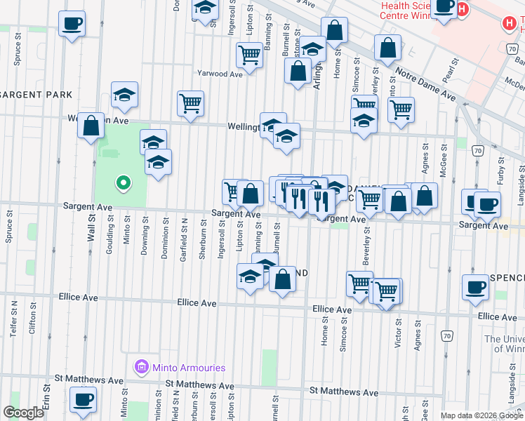 map of restaurants, bars, coffee shops, grocery stores, and more near 757 Banning Street in Winnipeg
