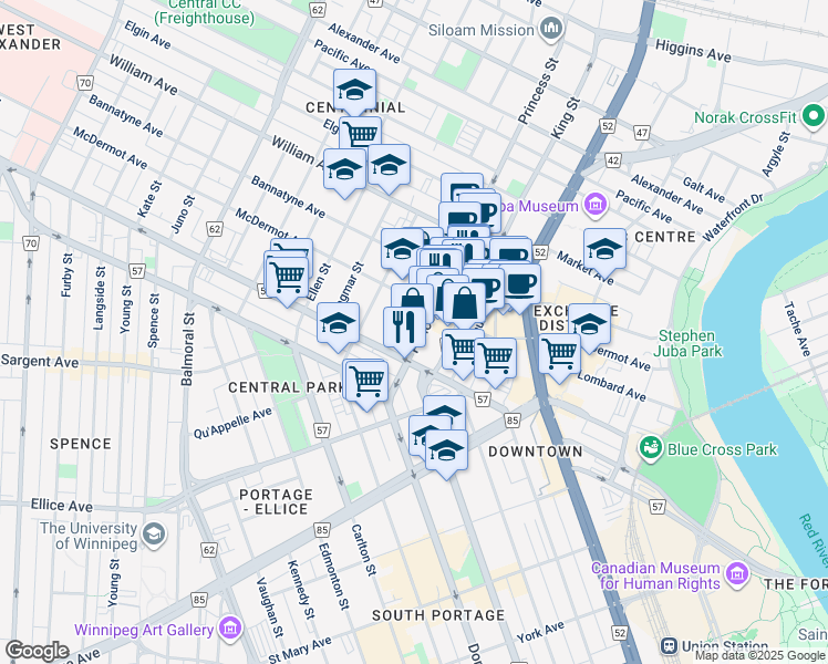 map of restaurants, bars, coffee shops, grocery stores, and more near 54 Princess Street in Winnipeg
