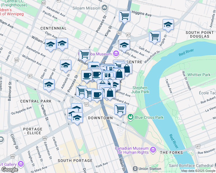 map of restaurants, bars, coffee shops, grocery stores, and more near 177 McDermot Avenue in Winnipeg