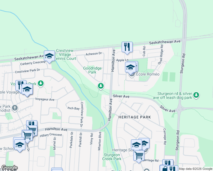 map of restaurants, bars, coffee shops, grocery stores, and more near 3233 Silver Avenue in Winnipeg