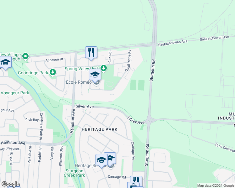map of restaurants, bars, coffee shops, grocery stores, and more near 124 Quail Ridge Road in Winnipeg