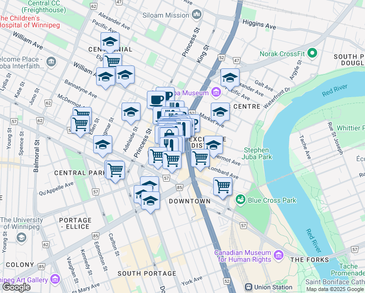 map of restaurants, bars, coffee shops, grocery stores, and more near 237 McDermot Avenue in Winnipeg