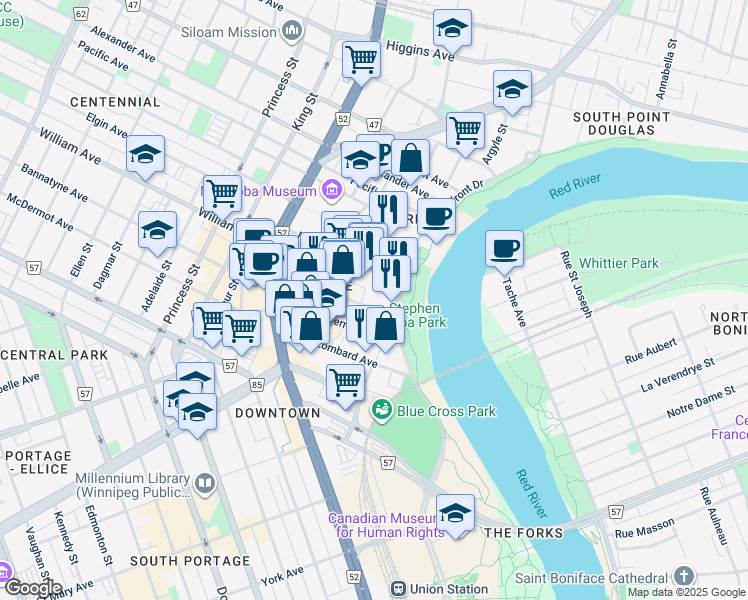 map of restaurants, bars, coffee shops, grocery stores, and more near 280 Waterfront Drive in Winnipeg