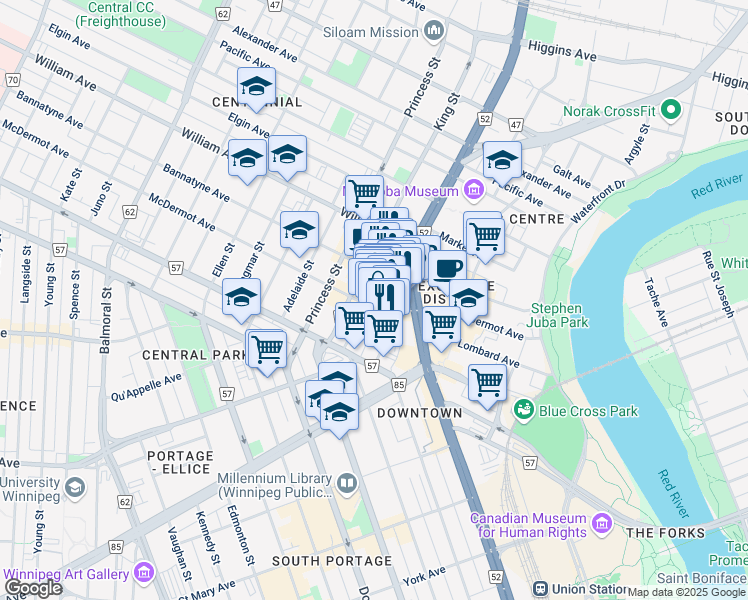 map of restaurants, bars, coffee shops, grocery stores, and more near 237 McDermot Avenue in Winnipeg