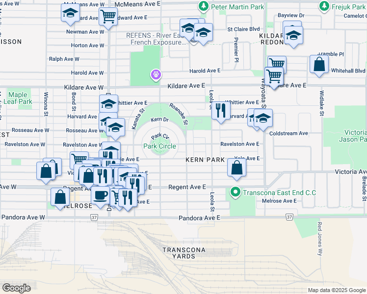 map of restaurants, bars, coffee shops, grocery stores, and more near 326 Ravelston Avenue East in Winnipeg