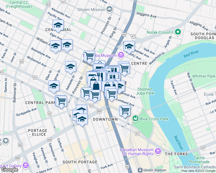 map of restaurants, bars, coffee shops, grocery stores, and more near in Winnipeg