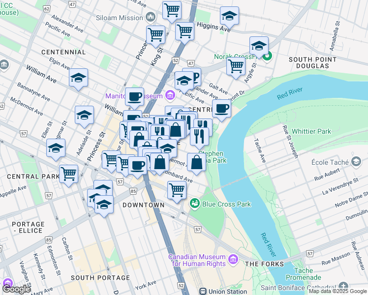 map of restaurants, bars, coffee shops, grocery stores, and more near 123 Bannatyne Avenue in Winnipeg