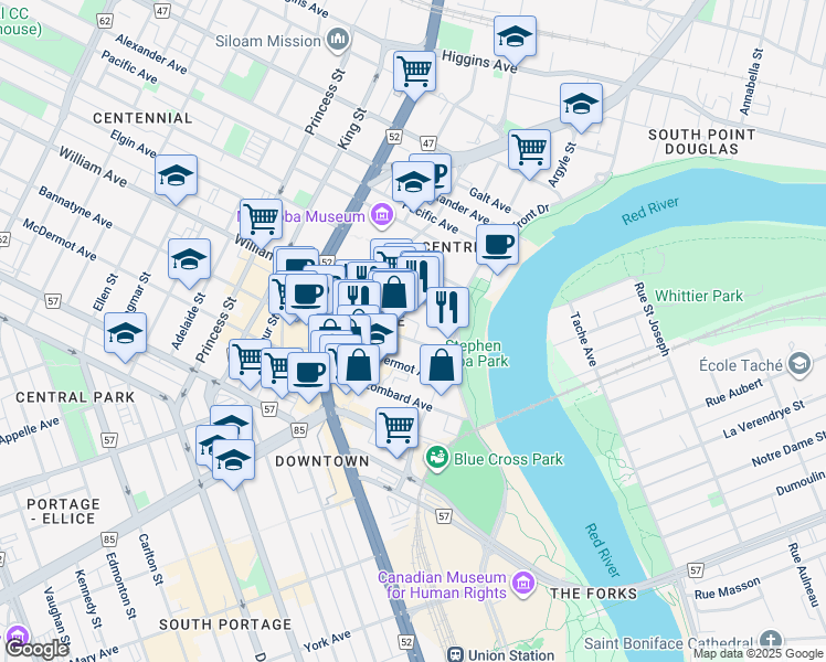 map of restaurants, bars, coffee shops, grocery stores, and more near 123 Bannatyne Avenue in Winnipeg