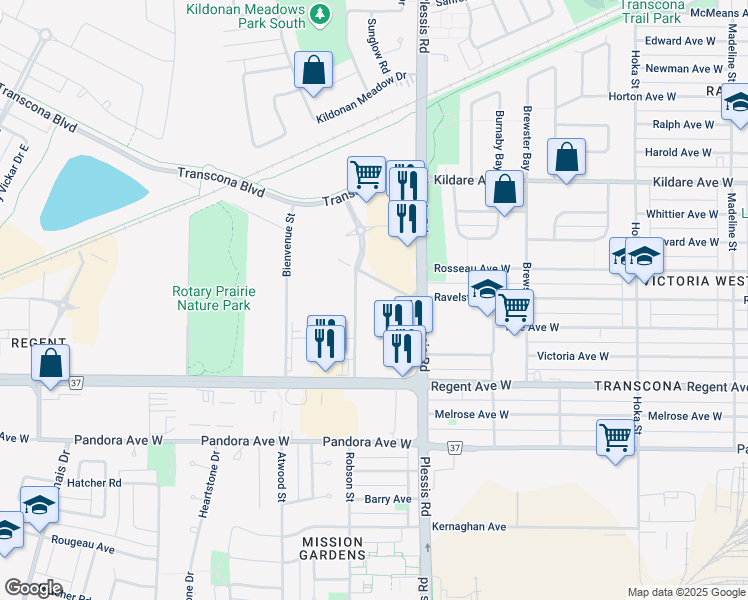 map of restaurants, bars, coffee shops, grocery stores, and more near 840 Ravelston Avenue West in Winnipeg