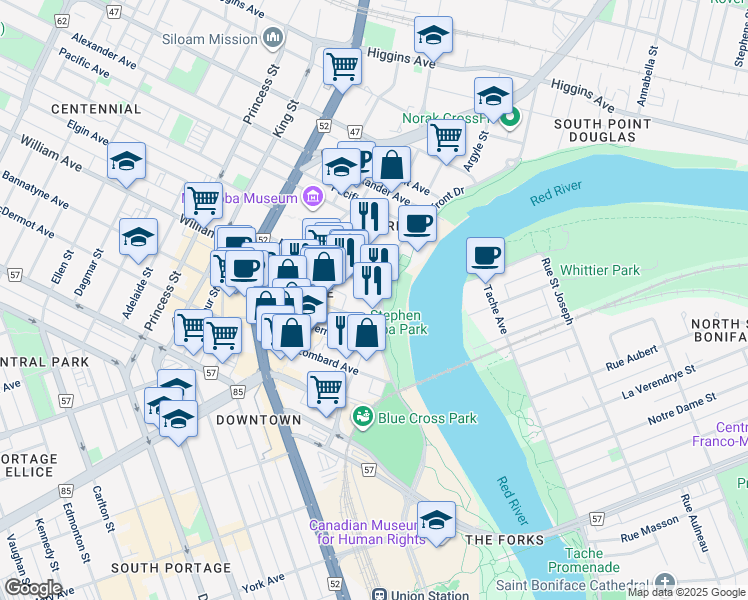 map of restaurants, bars, coffee shops, grocery stores, and more near 280 Waterfront Drive in Winnipeg