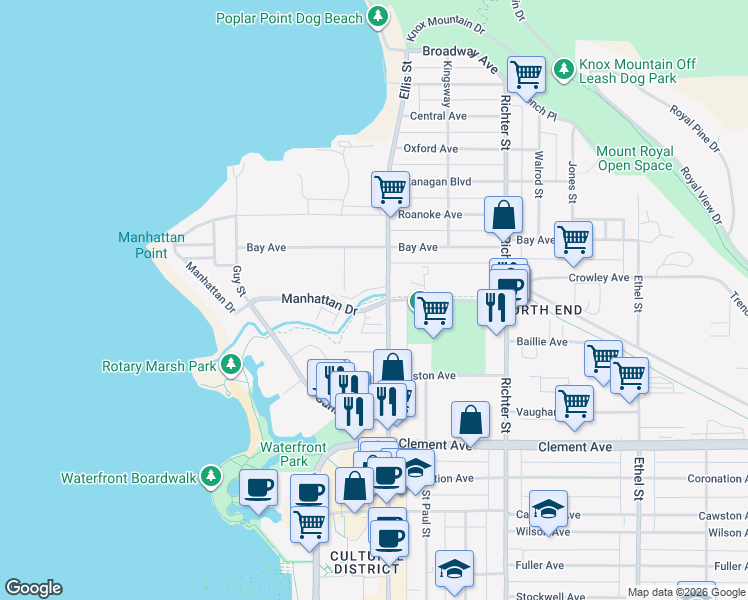 map of restaurants, bars, coffee shops, grocery stores, and more near 2641 Manhattan Drive in Kelowna