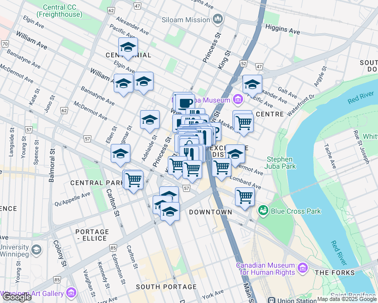 map of restaurants, bars, coffee shops, grocery stores, and more near 237 McDermot Avenue in Winnipeg
