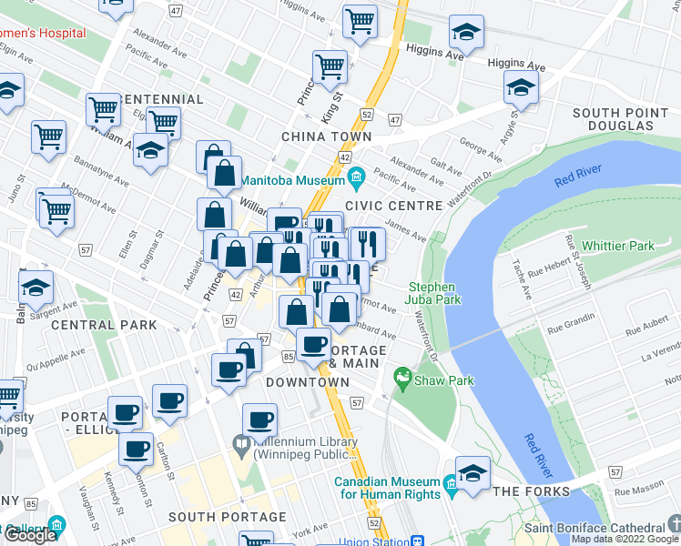map of restaurants, bars, coffee shops, grocery stores, and more near in Winnipeg